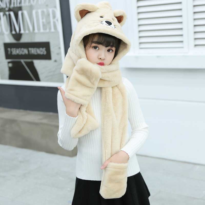 3 en 1 de oso bufanda suave con guantes de sombrero para niñas otoño invierno rosa gris Beige cálido gorro niñas bufandas: 3