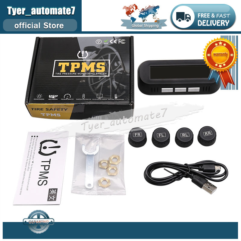 Bandenspanningscontrolesysteem met 4 externe sensoren, temperatuurwaarschuwing, digitale manometer, autobandenspanningsmonitor, tpms op zonne-energie.