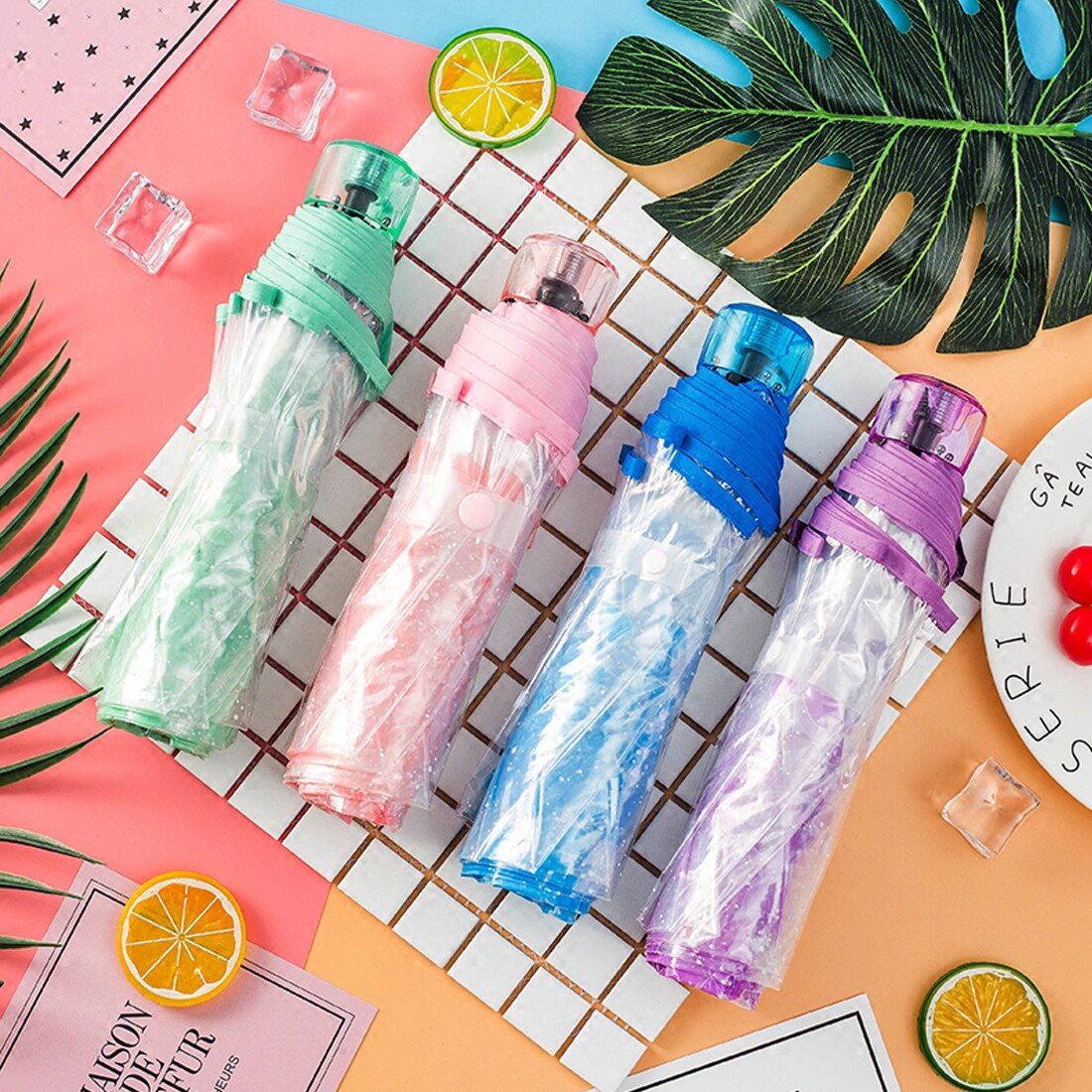 Three Fold Transparent Cherry Umbrella Rain Women Kids Sun Rain Paraguas Compact Folding Windproof Style Clear Umbrella