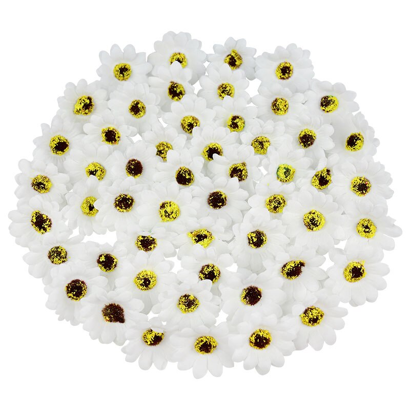 100 stk 4.5cm mini solsikke silke kunstige blomster hoveder daisy blomst til bryllupsfest hjem dekoration diy scrapbooking krans: S02