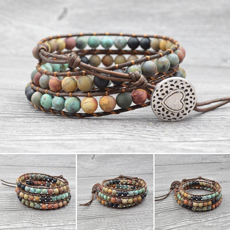 Schmuck 6MM Matte Stein Wrap Leder Armbänder Vintage 3 Strands Multilayer Woven