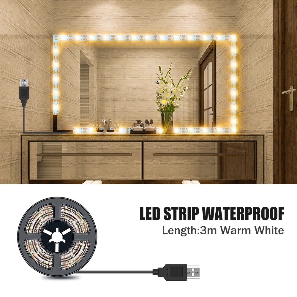 Luz LED para espejo de maquillaje, luces de tocador Hollywood impermeables de 5V, 1M, 2M, 3M, 4M, 5M, para decoración de baño: 3M  Warm White