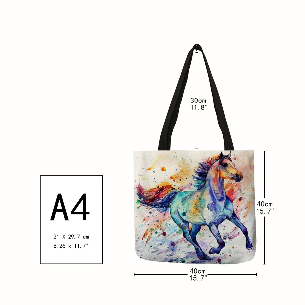 Aquarel Paard Print Linnen Shopping Bag Tote Folding Herbruikbare Reizen School Schoudertassen Casual Handtassen Voor Vrouwen