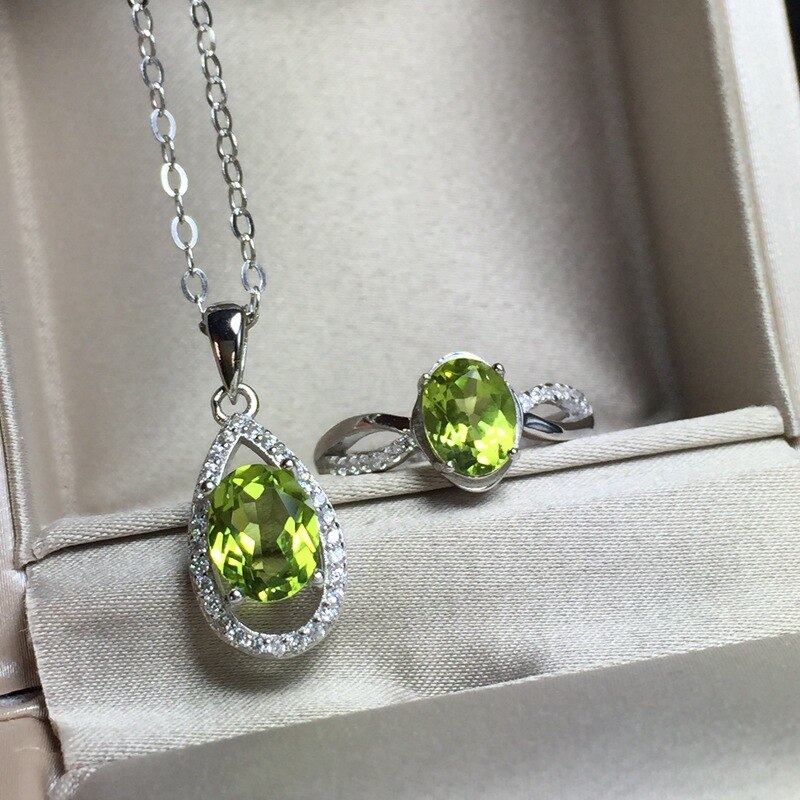 [MeiBaPJ Natural Peridot Gemstone Ring and Necklace for Women Real 925 Sterling Silver Green Stone Fine Jewelry Set