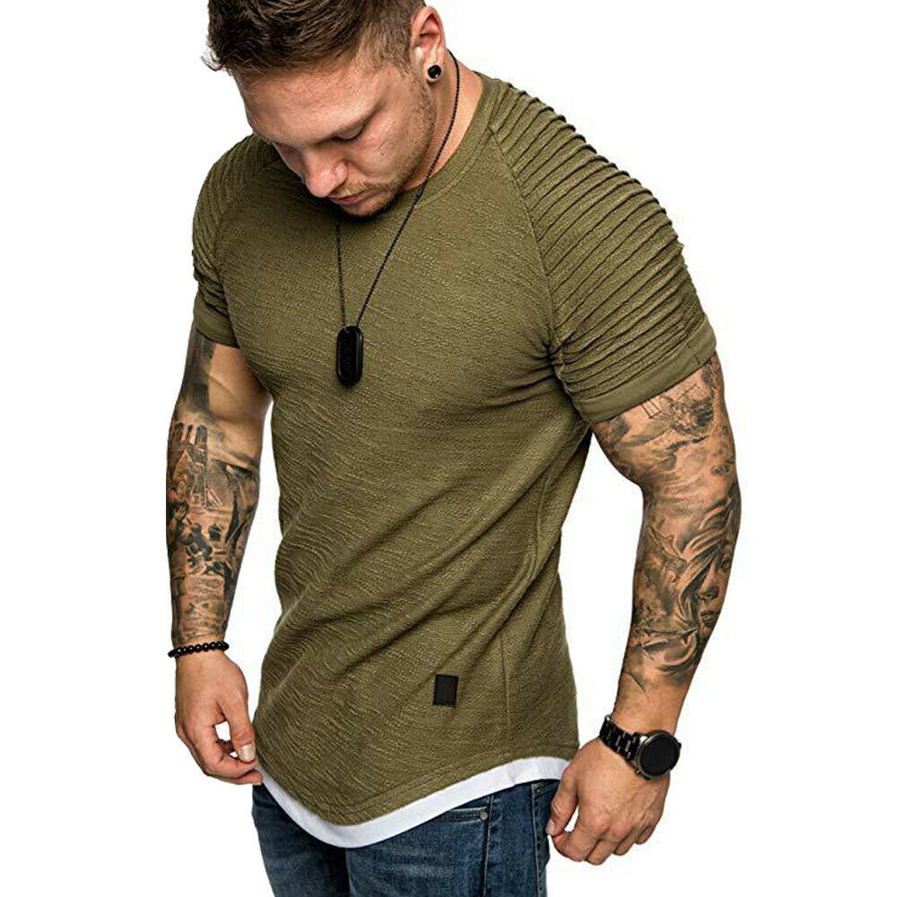 Men's T-Shirts Pleated Wrinkled Slim Fit O Neck Short Sleeve Muscle Solid Casual Tops Shirts Summer Basic Tee: green / XXL
