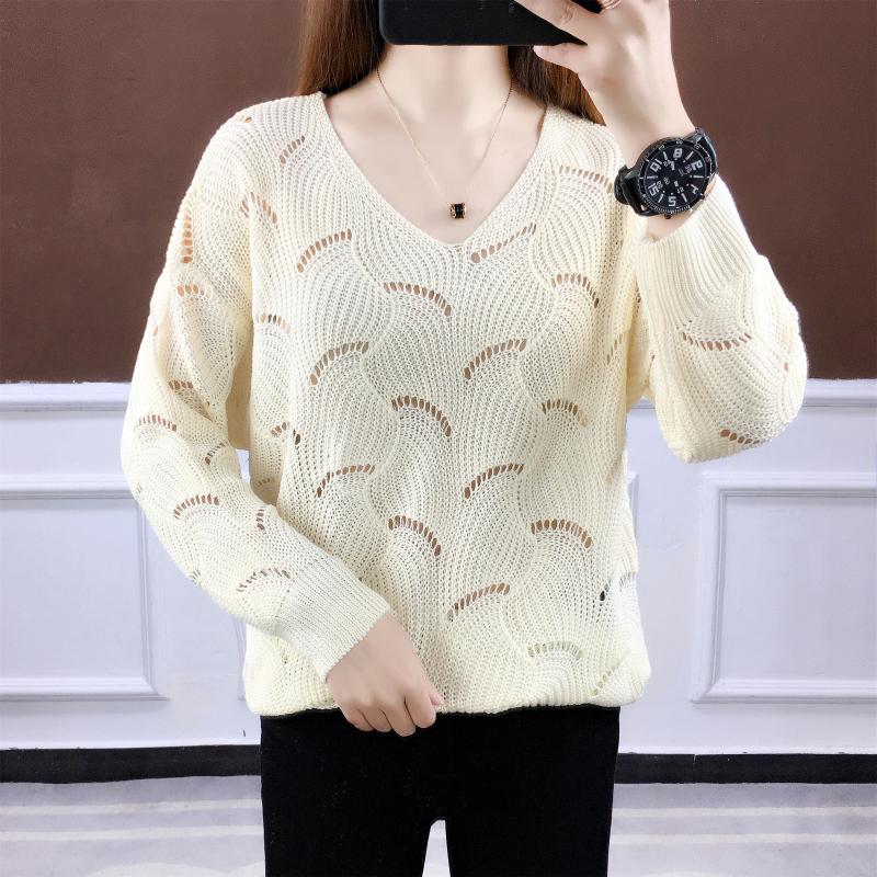 Suéter fino de verano para mujer, informal, liso, con agujeros, manga larga, cuello en v, prendas de punto sueltas, suéteres de punto