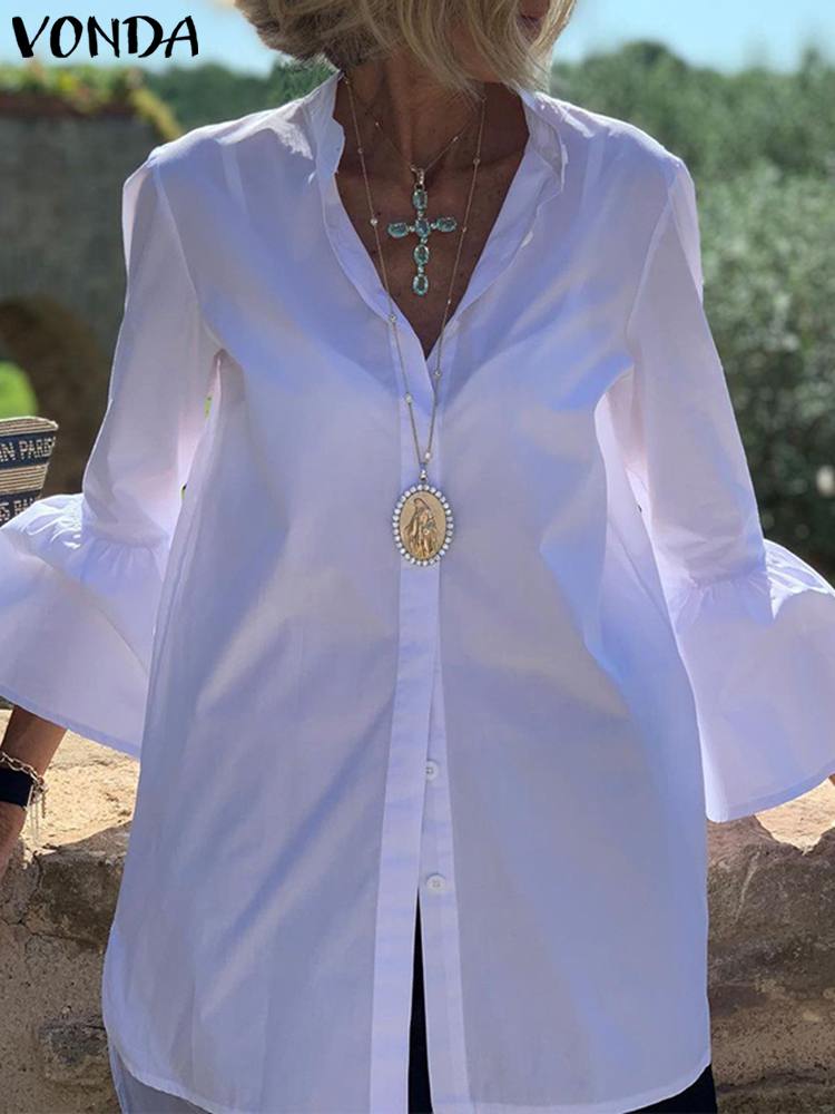 White Shirt Women Solid Color Flare Sleeve Shirts Spring Tops 2022 VONDA Sexy V Neck Button Up Office Shirts Femininas Blusas