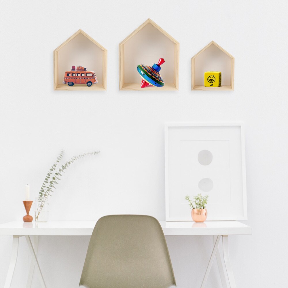 3pcs Wood House Shape Storage Racks Multifunction Wall Shelves for Home