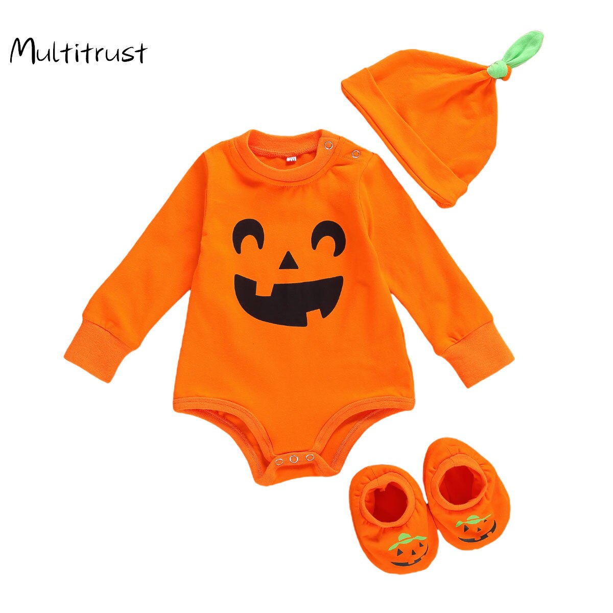 3 Stuks Peuter Halloween Pak Oranje O-hals Lange Mouwen Bodysuits + Pompoen Ghost Slip-On Schoenen + Hoed voor Baby Jongen Meisje 0-18 M