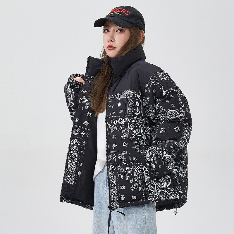 파커 Hip Hop Paisley kurtka Parka Streetwear mężczyźni wiatrówka zima bawełna dół warstwa bąbelkowa pary Bandana Bomber Куртка Зимняя