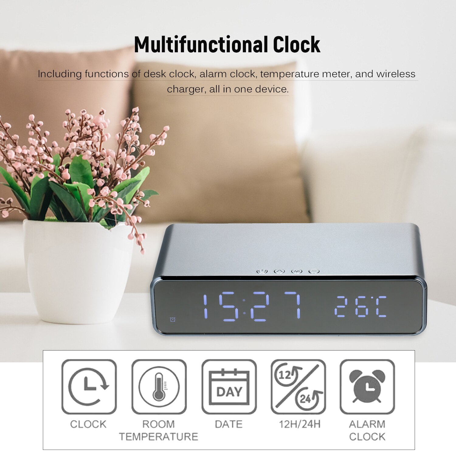 Wireless Charger Desk Clock Digital Clock Temperature Meter Switchable Wireless Charging Device Multifunctional LED Alarm Clock