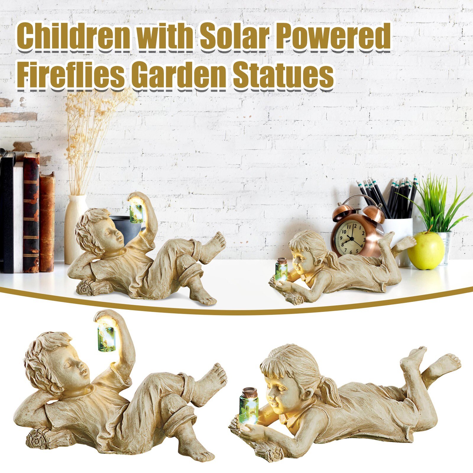 A Kid With Solar Fireflies Garden Statue Resin Jar Boy Girl Statue Whimsical Flowerbed Yard Lawn Outdoor Sculpture Decor
