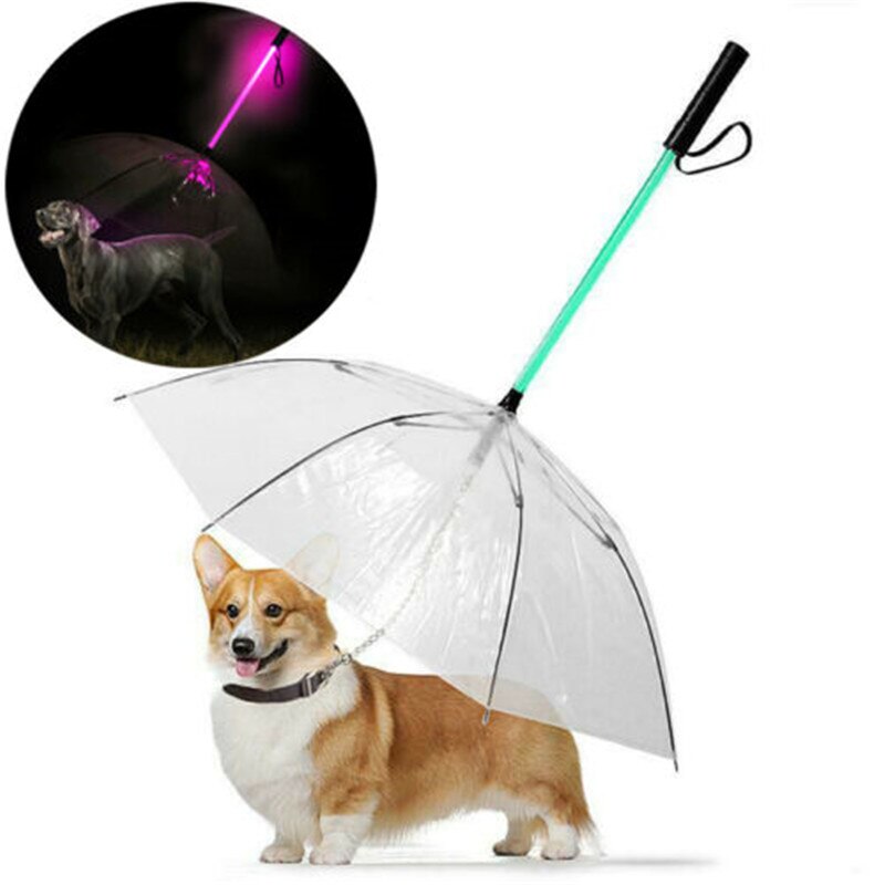 transparent Haustier Hund Katze LED Regenschirm Regen Schnee Eingebaute Leine Tragbare Welpen Trockenen