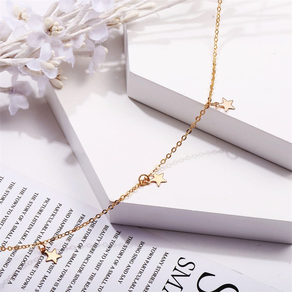 Pendant Necklace For Women Simple Alloy Gold Three Stars Long Chain Necklace Rose Flower Collar Female Jewelry