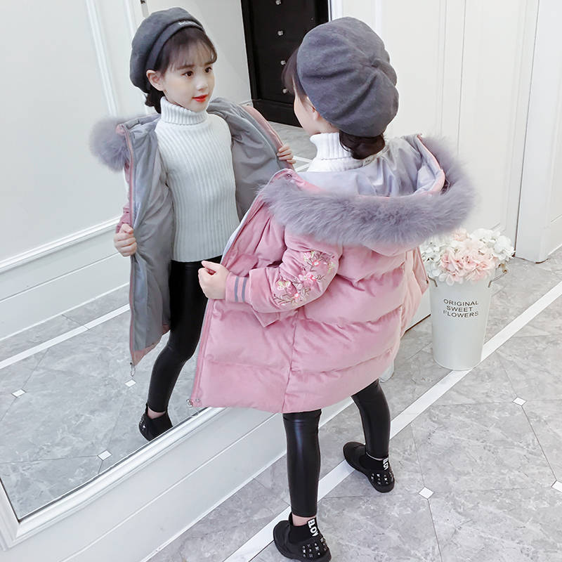 Ubrania dla dziewczynek zimowe ocieplane kurtki dla dzieci zimowe z kapturem płaszcz haftowany kwiat odzież dziecięca zimowe dla dziewczynek 4-12 lat: różowy / 5 t