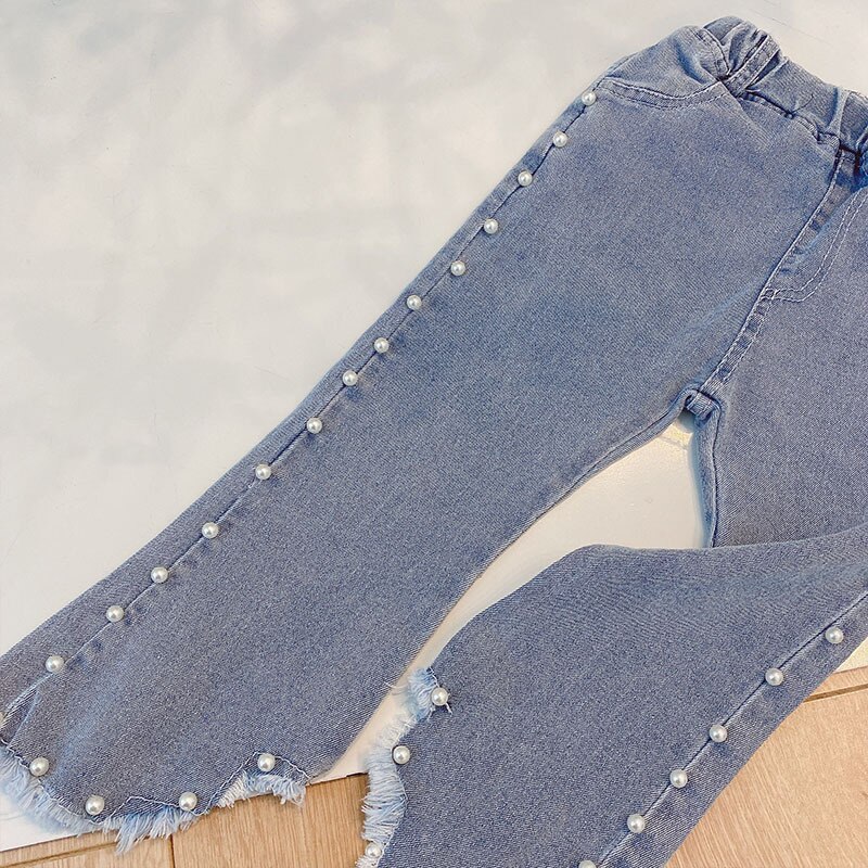 Children Kids Denim Jeans Faux Pearls Beading Full Length Trousers Girls Casual Flare Boot Cut Pants