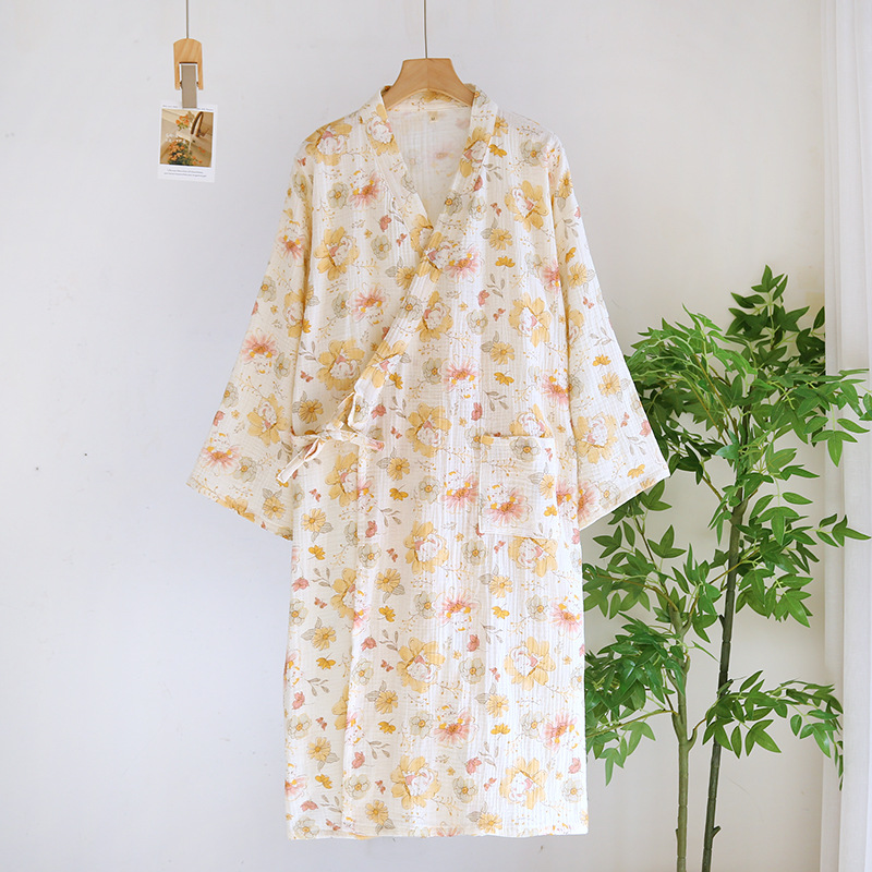 Katoenen Bamboe Bedrukte Nachtkleding Badjassen Voor Dames Lente En Zomer Dubbellaags Dunne Huiskleding Pyjama Gewaden: L / GRIJS