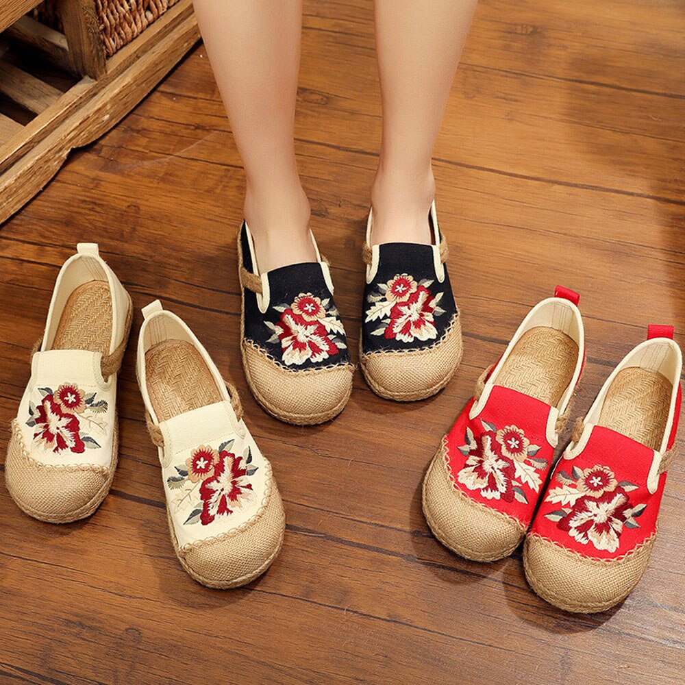 Vegan Handmade Women Linen Cotton Loafers Espadrilles Flower Embroidered Ladies Casual Flat Platform Sneakers Shoes