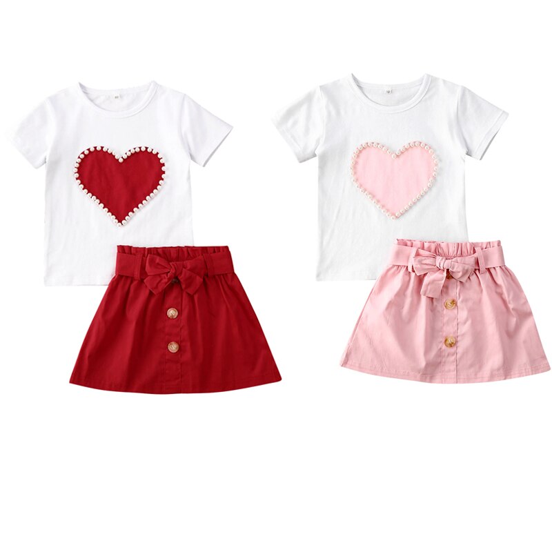 Baby Summer Clothing 1-5T Infant Kid Valentine Clothes Pearls Heart Top Shirt Skirt 2Pcs Set Outfit