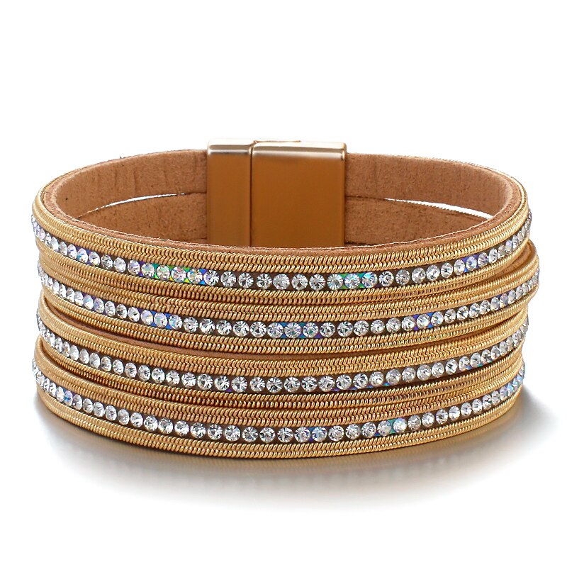 Amorcome Multilayers Rhinestone Leather Bracelet for Women Crystal Charm Wide Wrap Bracelets & Bangles Jewelry: Gold