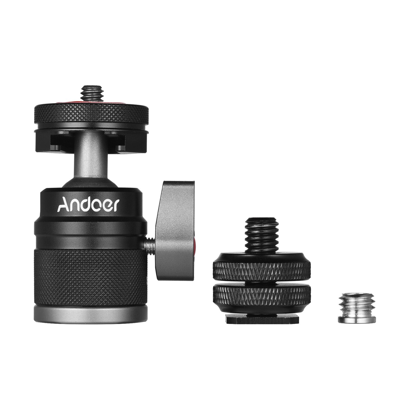 Mini adaptador de cabeça de esfera andoer, adaptador de sapata fria com rotação 360 °, liga de alumínio, parafuso de 1/4 "e 3/8" para monitor de câmera