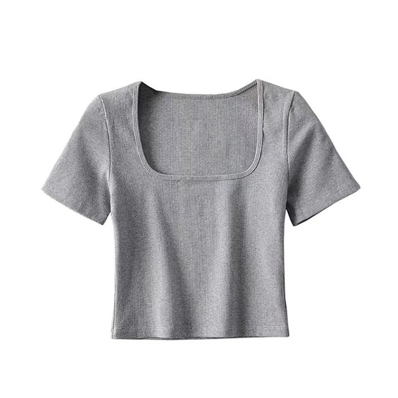 Haut court côtelé à col carré pour femme, t-shirt à manches courtes: S / Gris clair