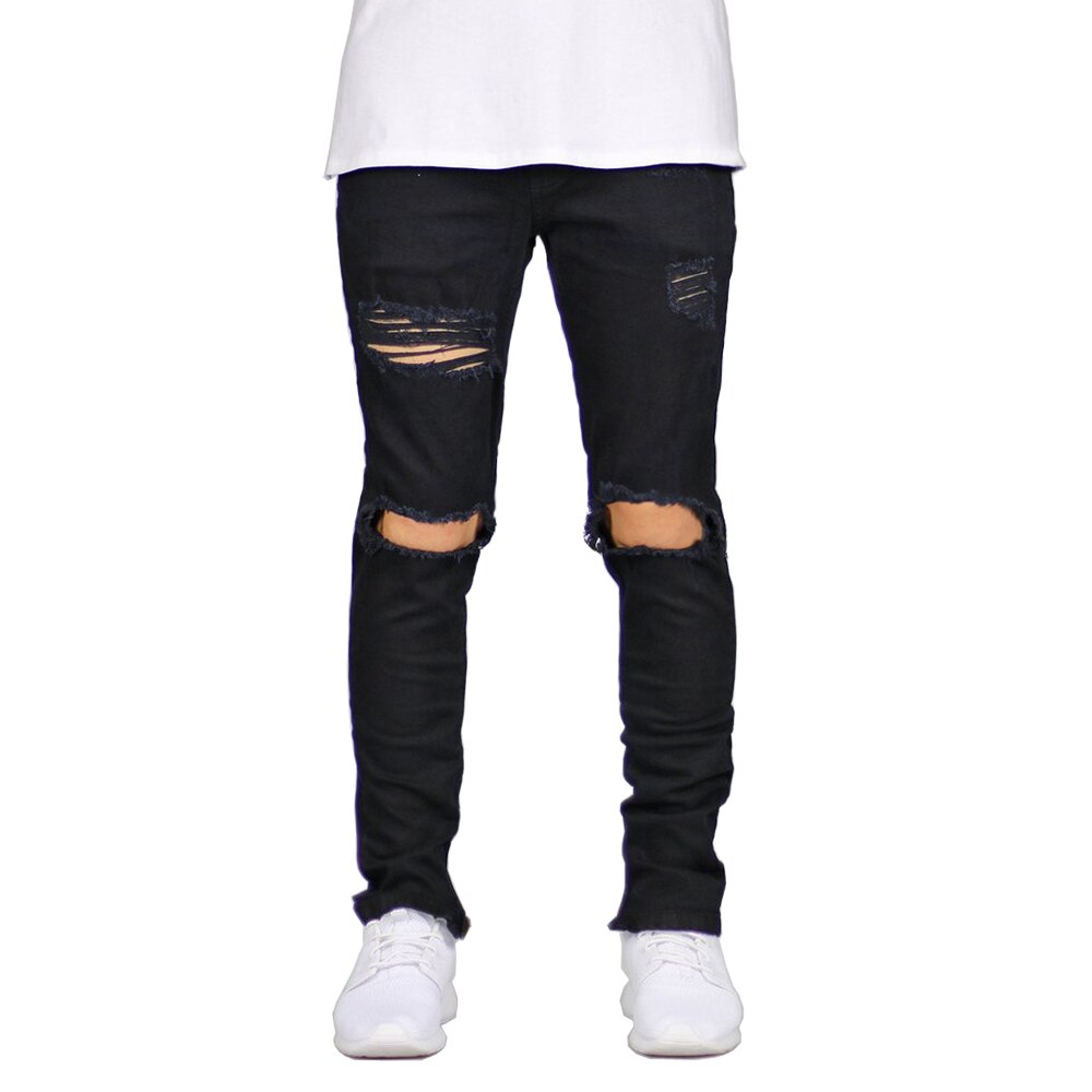 Mænd jeans stretch ødelagte rippet ankel lynlås skinny jeans til mænd