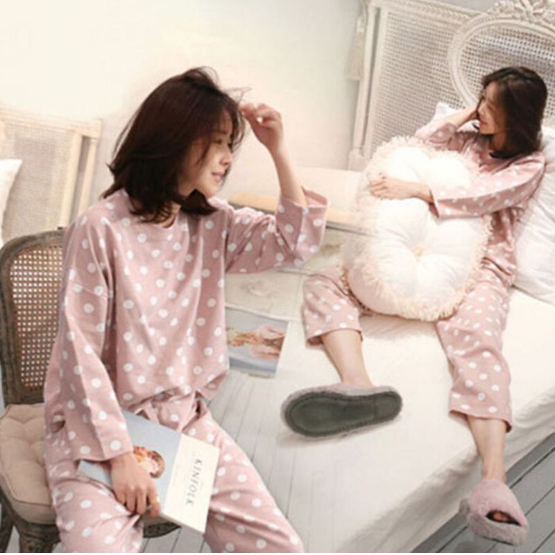 Women Sleepwear Ladies Cute Autumn Cute Polka Dot Print Long Sleeve Pyjamas Set Top Trousers Pajamas M-2XL
