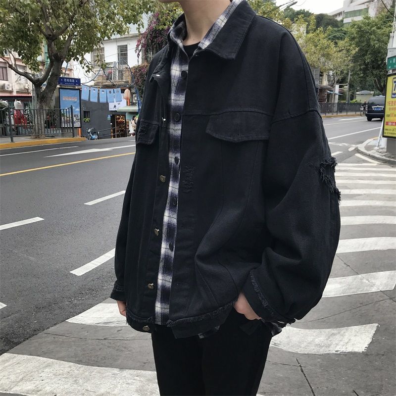 Herfst gescheurde spijkerjas heren casual retro gescheurde spijkerjassen heren streetwear losse hiphop bomberjack heren m -2xl: Zwart / M