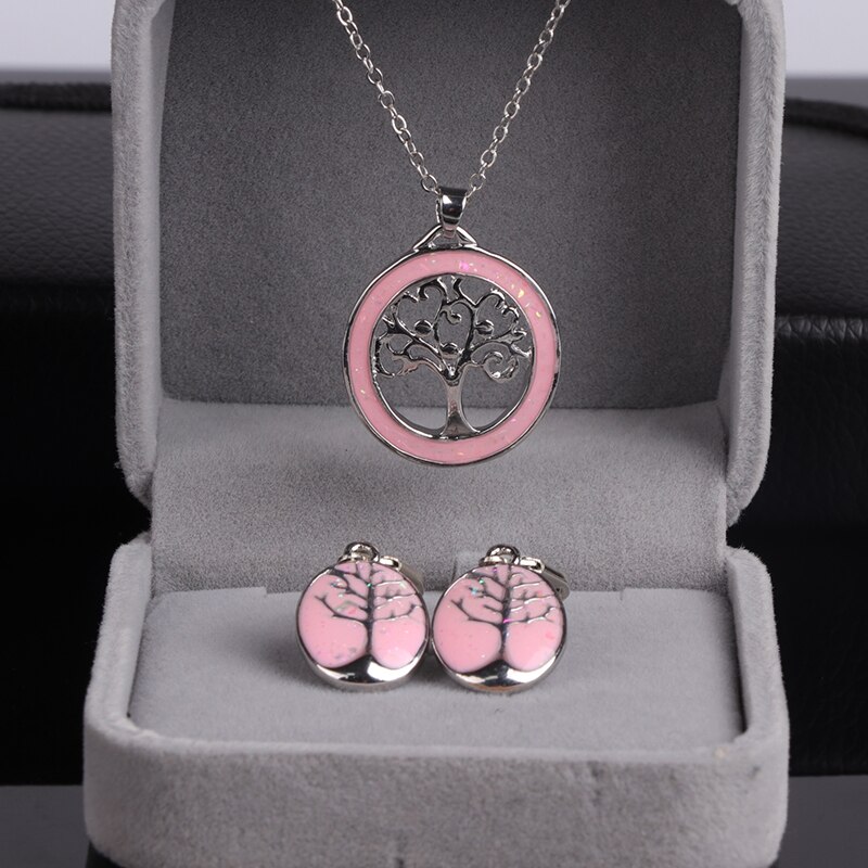 Neue Stilvolle Baum Des Lebens Schmuck einstellen Anhänger Halskette und Ohrringe Frauen Schmuck: Rosa