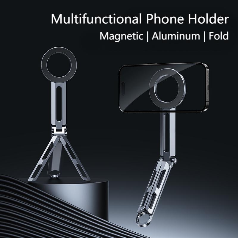Bärbar magnetisk telefonhållare i aluminiumlegering, 360 ° roterande, vikbart stativ för resor/bil/skrivbord, resestativ för flyg och tåg