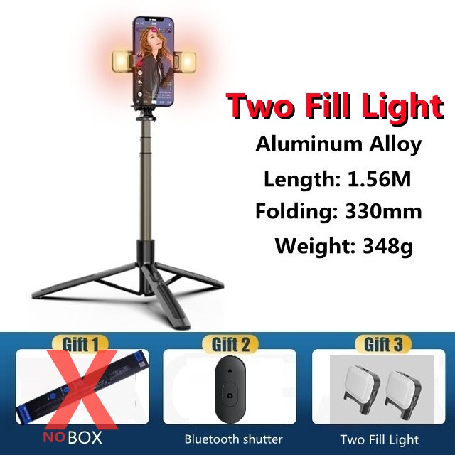 Aluminum alloy Bluetooth-compatible Selfie Stick Tripod Foldable Monopod With Two Led Fill Light For Action Cameras Smartphones: With light NO Box