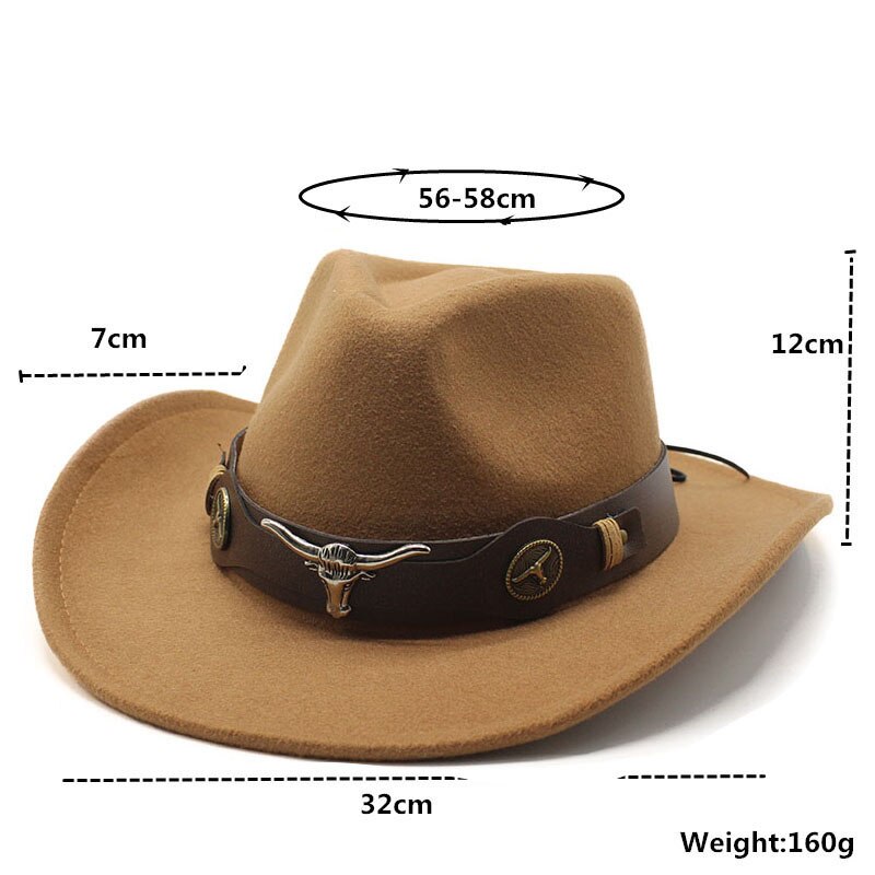 Cabeza de Vaca sombrero de Cowboy del oeste de sombrero de lana hombres borde Grande Tapa
