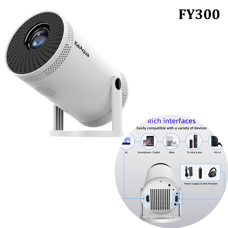 KaiAqua FY300 4K Projector 260ANSI 1080P Support Auto Keystone WIFI6 Mini Cinema Theater Video 180° Rotation Portable Projectors: color1 / EU Plug