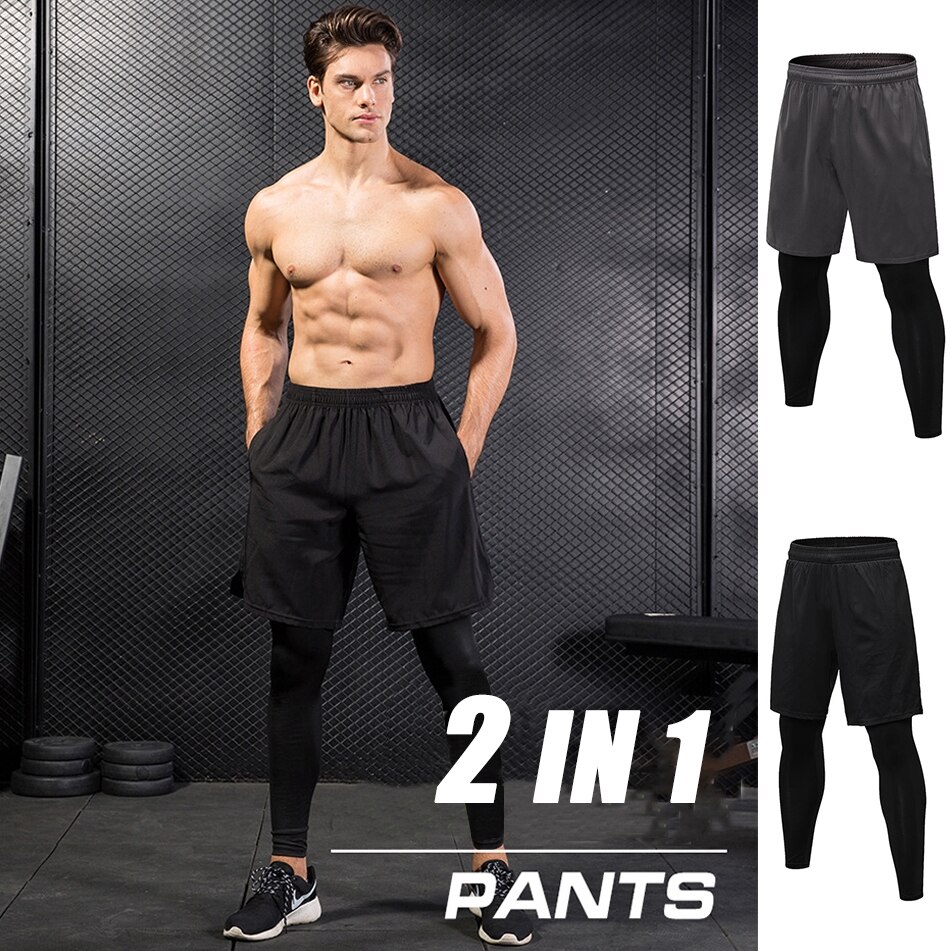 2 in 1 træningsbukser til mænd løbegymnastik kompressionsshorts leggings foret aktive tights bukser