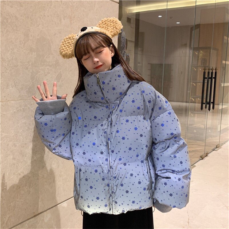 Vrouwen Winter Jas Parka Korte Vrouwen Ster Flash Jas Dames Warme Gewatteerde Jas Kleurrijke Reflecterende Glow Hooded Parka jassen