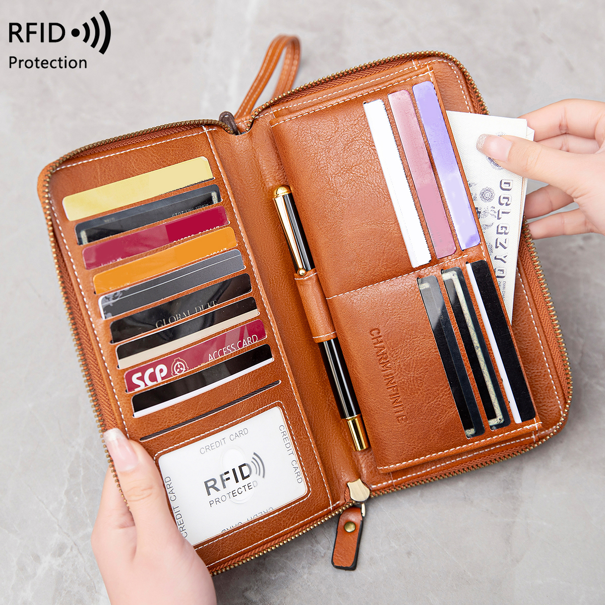 RFID anti-diefstal borstel portemonnee voor dames, meerdere sleuven, vintage, grote capaciteit, multifunctionele, stijlvolle clutch met polsband