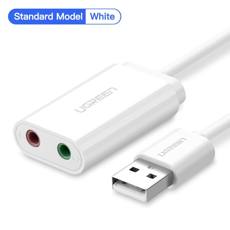 Ugreen External USB Sound Card Audio Jack 3.5mm Cable Adapter For Laptop Windows Mac Linux Headset Adjustable Volume Sound Card: Standard white