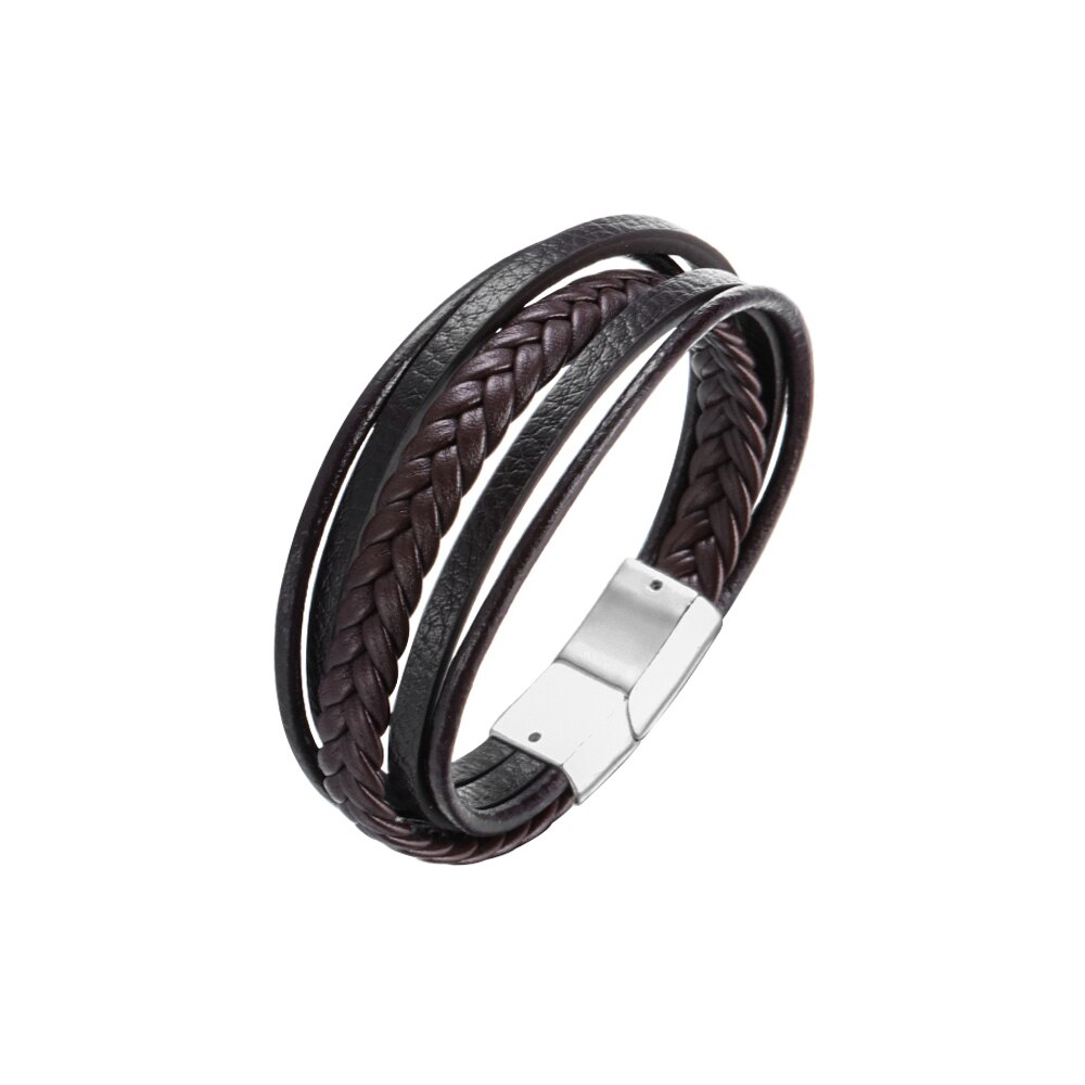 Pulseira de couro masculina, fivela de multicamada, pulseira de couro, fecho magnético, marrom, preto, 1 peça acessórios joias charme: Brown 2