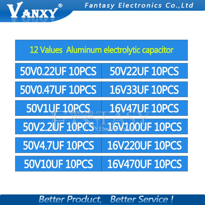 12 værdier x 10 stk = 120 stk 0.22uf-470uf elektrolytisk kondensator i aluminium komponent diy-sortimentssæt og original