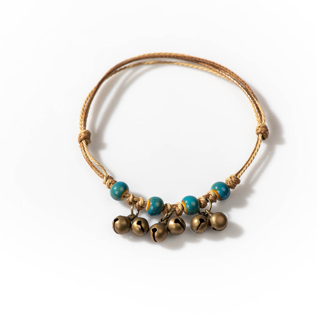 Handmade Ceramic Retro Style Beads Adjustable Size Bracelet Small Bell Low Price Items 1H901: Light Yellow Gold Color