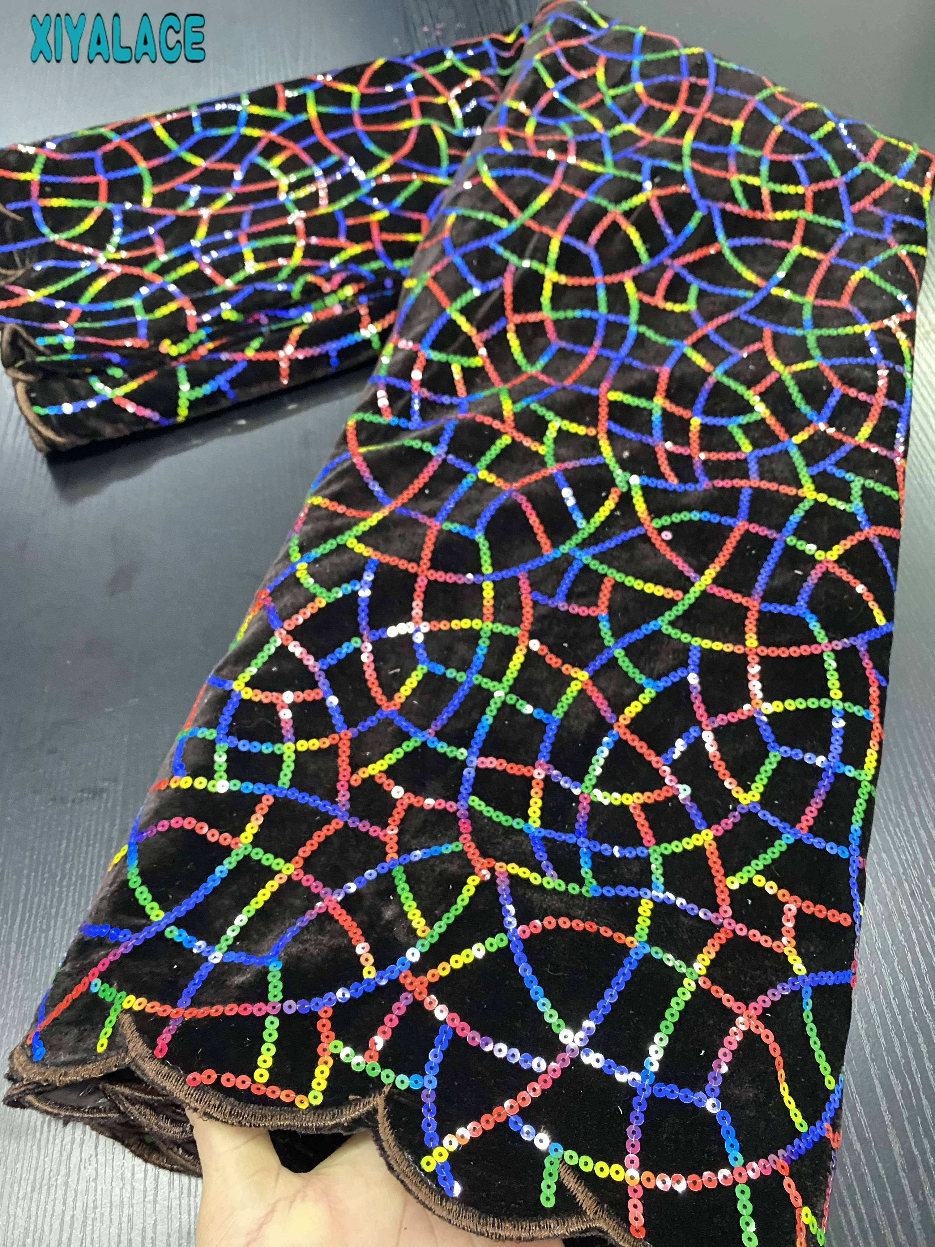 Afrikaanse Fluwelen Kant Stof Pailletten Kant Materiaal Franse Kant Stof Nigeriaanse Kant Stoffen Naaien YA3418-4