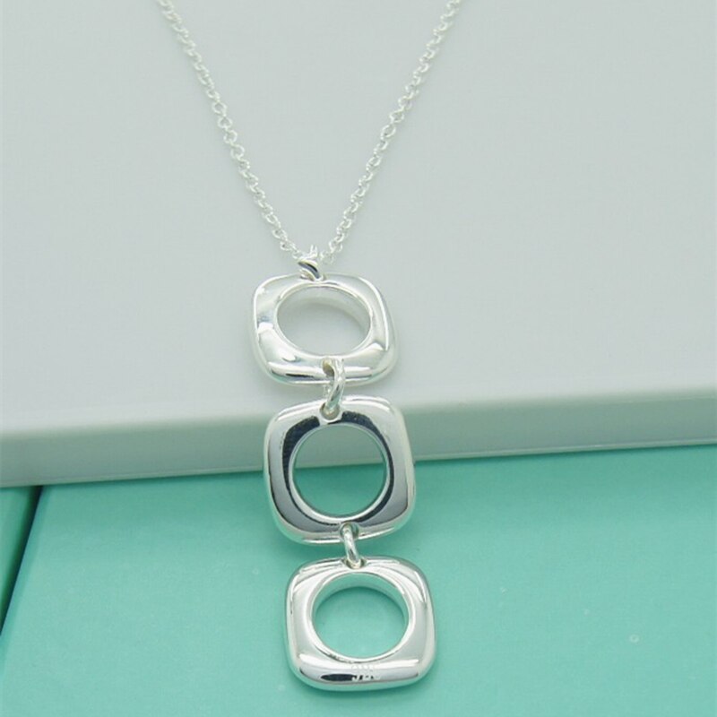 Sieraden 925 sterling zilveren ketting drie vierkante cirkel hanger ketting zilveren ketting vrouw bruiloft bruiloft