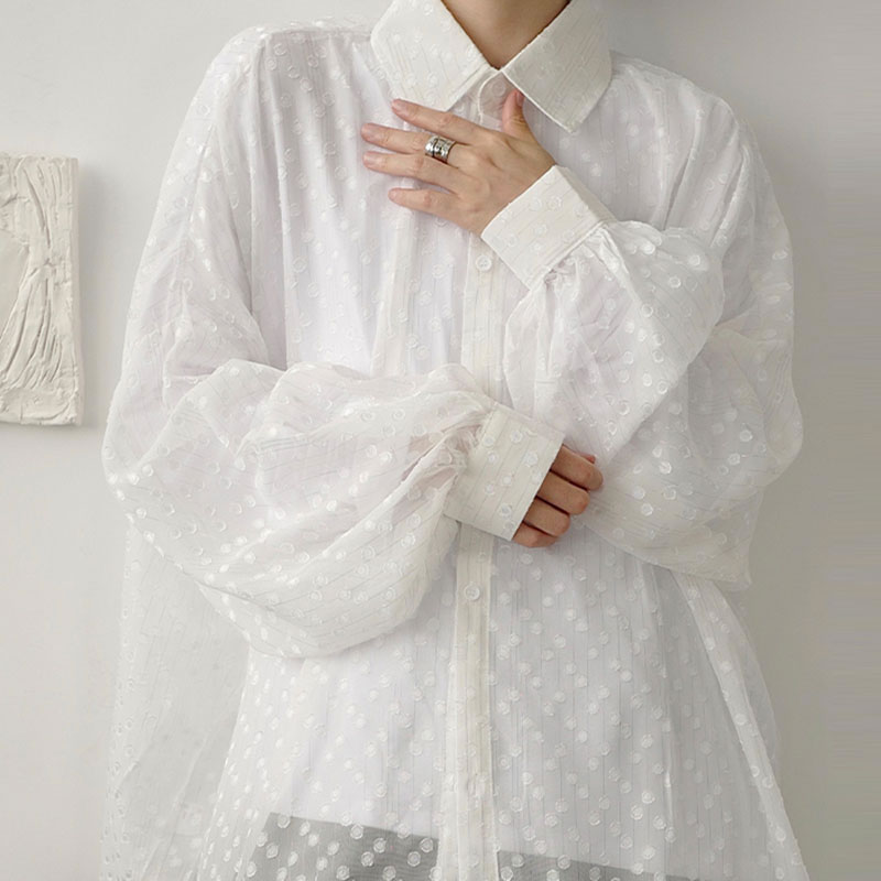 Xitao stippen dunne blouse dames wit zwart enkele borst lange mouw herfst los shirt dzl 1506