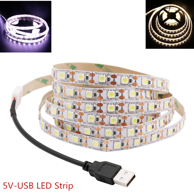 5V USB LED Strip 5050 Koud wit/Warm wit TV Achtergrond Verlichting 60 LEDs/m USB Clip connector 30 cm/50 cm/1 m/2 m Set.