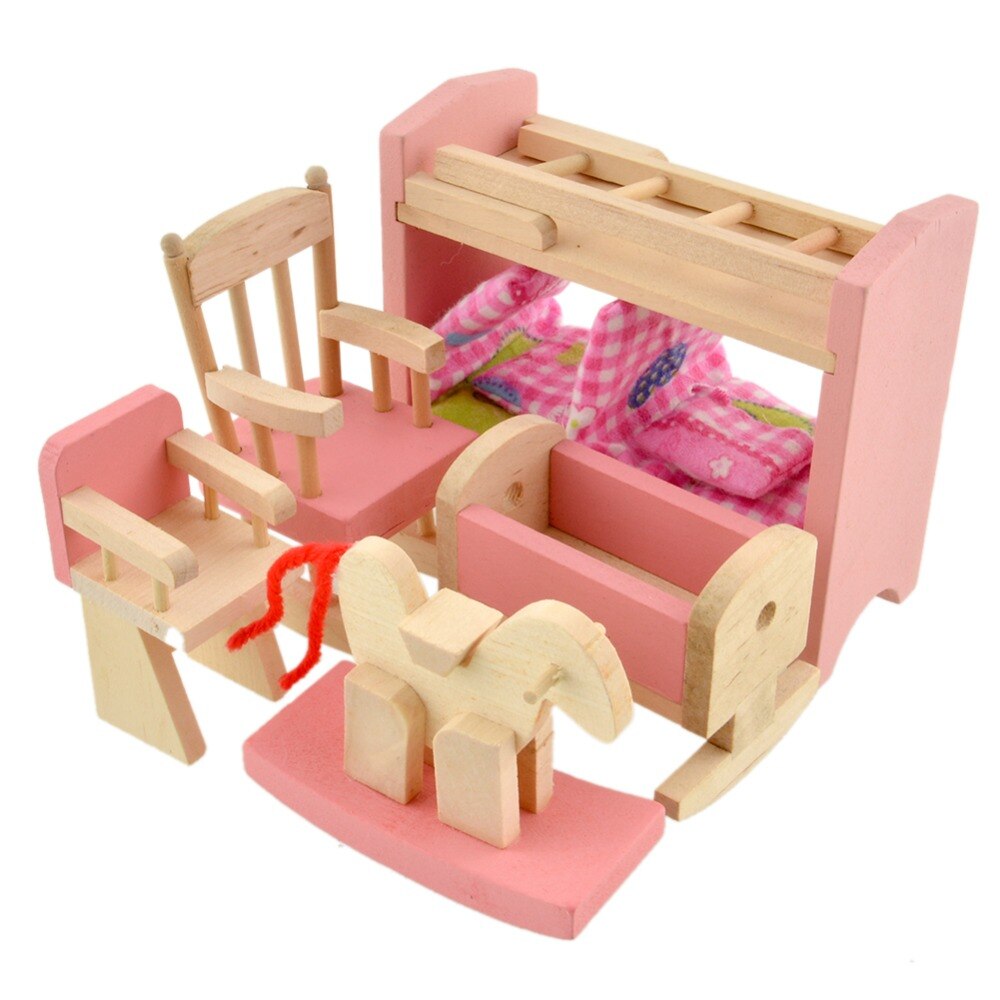 Pink Bathroom Furniture Bunk Bed House Furniture for Dolls Wood Miniature Furniture Wooden Toys for Children Birthday Xmas