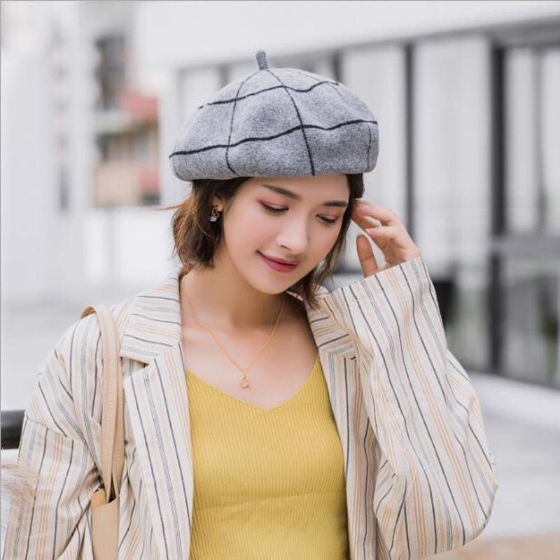 Boinas de invierno a cuadros para mujer Vintage de lana de punto sombreros femeninos estilo británico gorro de señora gorro de pintor sombreros de niña boina