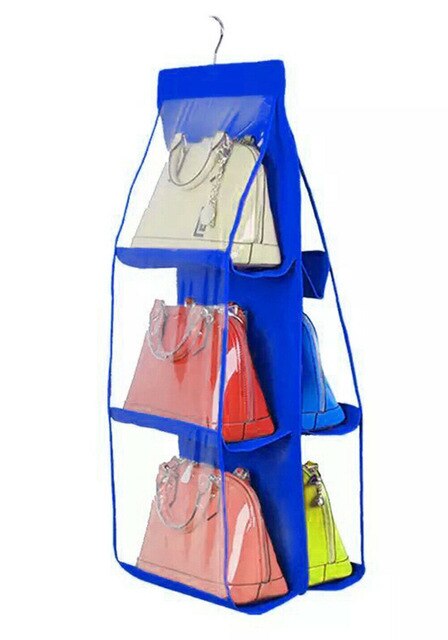6 Pocket Folding Hanging Handbag Purse Storage Large Clear Holder Anti-dust Organizer Rack Hook Hanger Rack Bag: Blauw