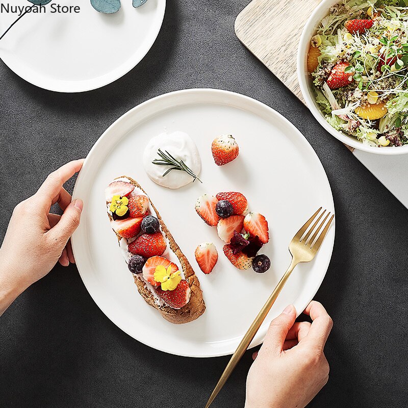 Pure White Ceramic Plate Bowl Home Nordic Vegetable and Fruit Salad Bowl Plate Dish Steak Plate Restaurant Storage Tableware