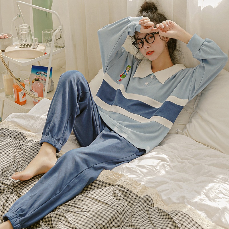 Pijamas nuevos de algodón de manga larga para mujer, ropa exterior de estilo coreano, suelta e informal, de talla grande, para el hogar, primavera y otoño: XXL